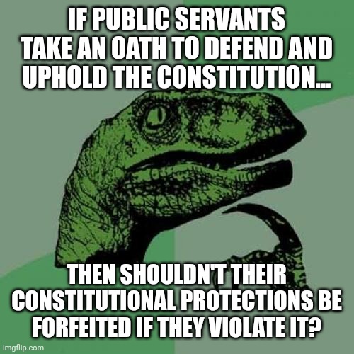 Philosoraptor Meme | IF PUBLIC SERVANTS TAKE AN OATH TO DEFEND AND UPHOLD THE CONSTITUTION... THEN SHOULDN'T THEIR CONSTITUTIONAL PROTECTIONS BE FORFEITED IF THEY VIOLATE IT? | image tagged in memes,philosoraptor | made w/ Imgflip meme maker
