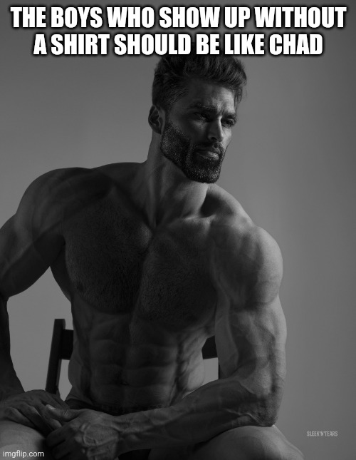 Giga Chad | THE BOYS WHO SHOW UP WITHOUT A SHIRT SHOULD BE LIKE CHAD | image tagged in giga chad | made w/ Imgflip meme maker