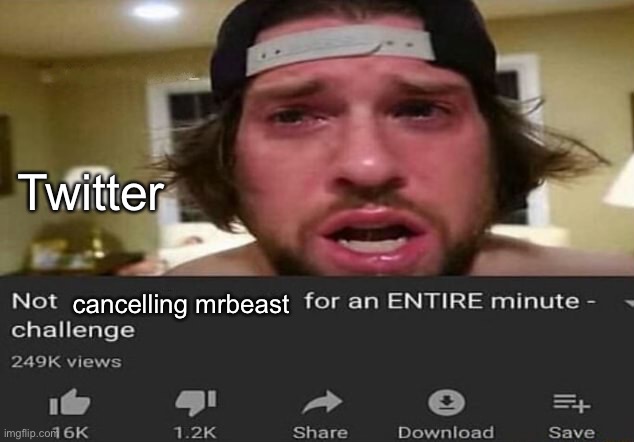 so true lol | Twitter; cancelling mrbeast | image tagged in not _____ for an entire minute - challenge | made w/ Imgflip meme maker