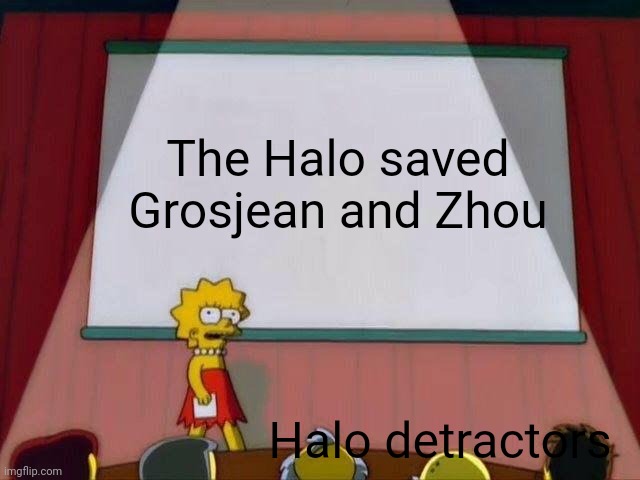 Lisa Simpson's Presentation | The Halo saved Grosjean and Zhou; Halo detractors | image tagged in lisa simpson's presentation,formula 1,halo | made w/ Imgflip meme maker