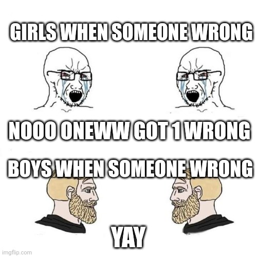 Girls vs boys | GIRLS WHEN SOMEONE WRONG; NOOO ONEWW GOT 1 WRONG; BOYS WHEN SOMEONE WRONG; YAY | image tagged in girls vs boys | made w/ Imgflip meme maker