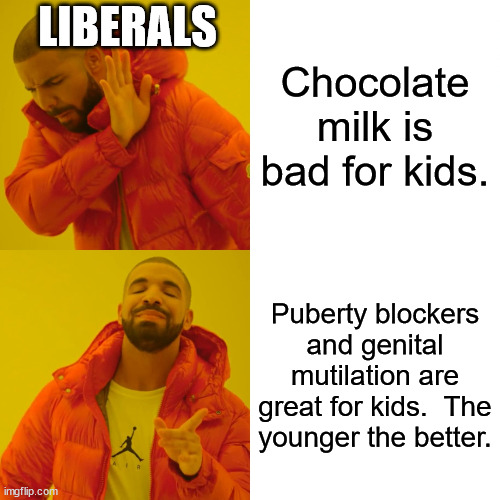 Liberals have turned public education into indoctrination camps to great the next generation of mindless libs. | LIBERALS; Chocolate milk is bad for kids. Puberty blockers and genital mutilation are great for kids.  The younger the better. | image tagged in liberal logic,manipulating children | made w/ Imgflip meme maker
