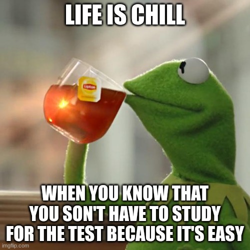 chill life | LIFE IS CHILL; WHEN YOU KNOW THAT YOU SON'T HAVE TO STUDY FOR THE TEST BECAUSE IT'S EASY | image tagged in memes,but that's none of my business,kermit the frog | made w/ Imgflip meme maker