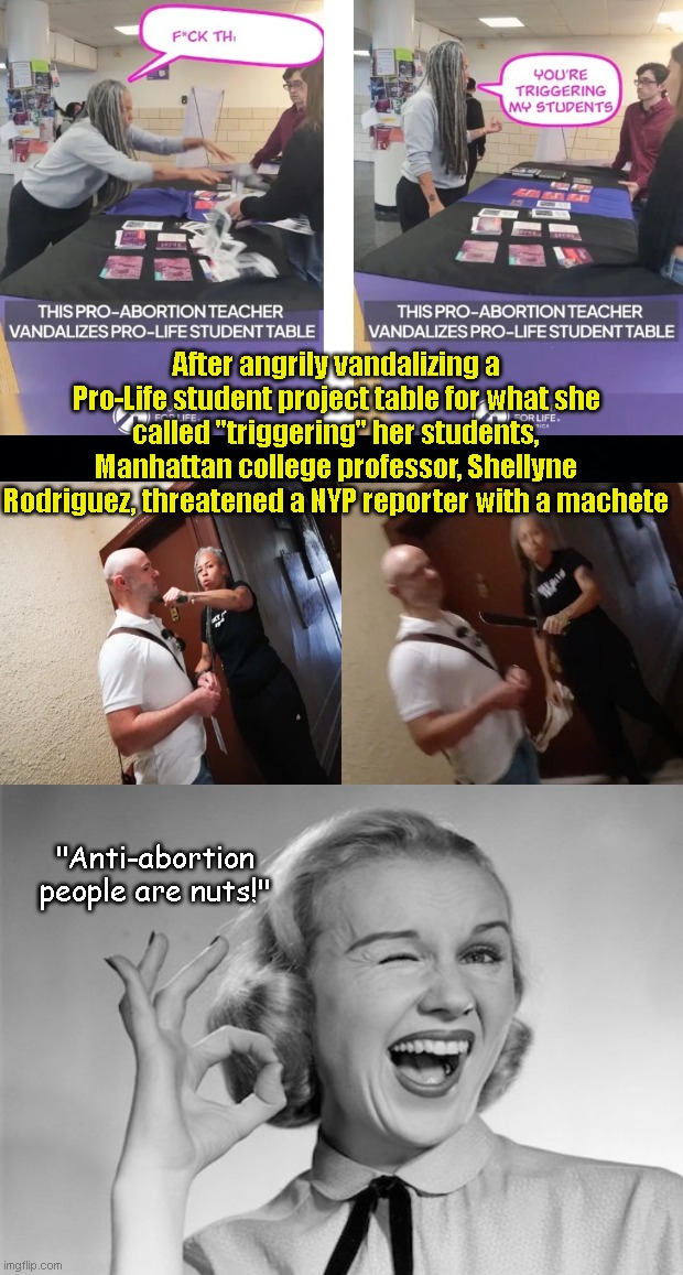 Triggered is as triggered does | After angrily vandalizing a Pro-Life student project table for what she called "triggering" her students, Manhattan college professor, Shellyne Rodriguez, threatened a NYP reporter with a machete; "Anti-abortion people are nuts!" | image tagged in abortion,shellyne rodriguez,nuts,triggered liberal,insane,political humor | made w/ Imgflip meme maker