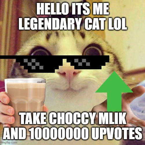 HELLO ITS ME LEGENDARY CAT LOL TAKE CHOCCY MLIK AND 10000000 UPVOTES | made w/ Imgflip meme maker