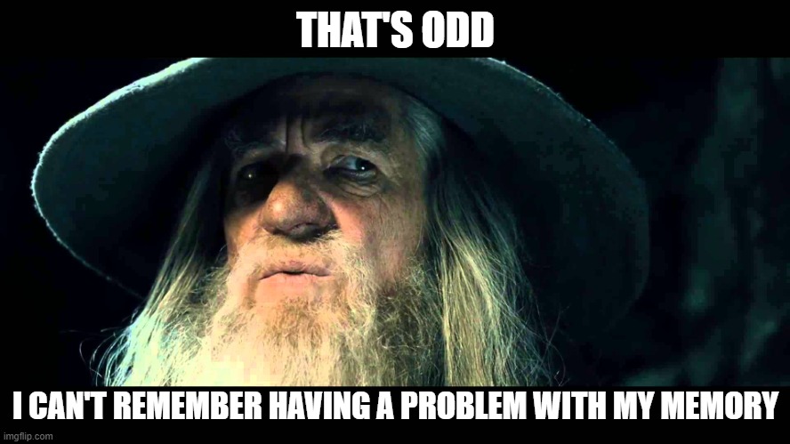 Gandalf no memory | THAT'S ODD; I CAN'T REMEMBER HAVING A PROBLEM WITH MY MEMORY | image tagged in gandalf no memory | made w/ Imgflip meme maker