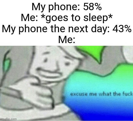 This happened to me one time | My phone: 58%
Me: *goes to sleep*
My phone the next day: 43%
Me: | image tagged in excuse me wtf blank template,memes,funny,phone | made w/ Imgflip meme maker
