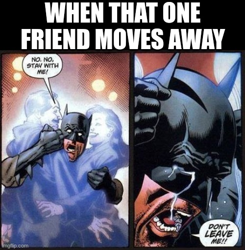 It's sad :( | WHEN THAT ONE FRIEND MOVES AWAY | image tagged in batman don't leave me | made w/ Imgflip meme maker