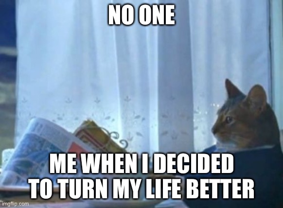 I Should Buy A Boat Cat | NO ONE; ME WHEN I DECIDED TO TURN MY LIFE BETTER | image tagged in memes,i should buy a boat cat | made w/ Imgflip meme maker