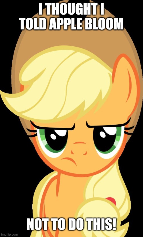 Applejack is not amused | I THOUGHT I TOLD APPLE BLOOM NOT TO DO THIS! | image tagged in applejack is not amused | made w/ Imgflip meme maker