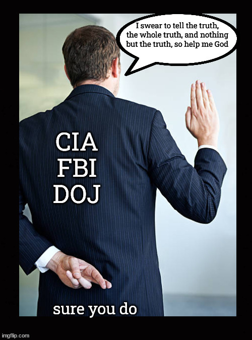 I swear to tell the truth, the whole truth and nothing but the truth | image tagged in fbi,cia,doj,durham report,perjury | made w/ Imgflip meme maker