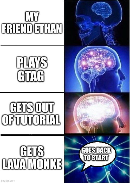 Expanding Brain Meme | MY FRIEND ETHAN; PLAYS GTAG; GETS OUT OF TUTORIAL; GETS LAVA MONKE; GOES BACK TO START | image tagged in memes,expanding brain | made w/ Imgflip meme maker
