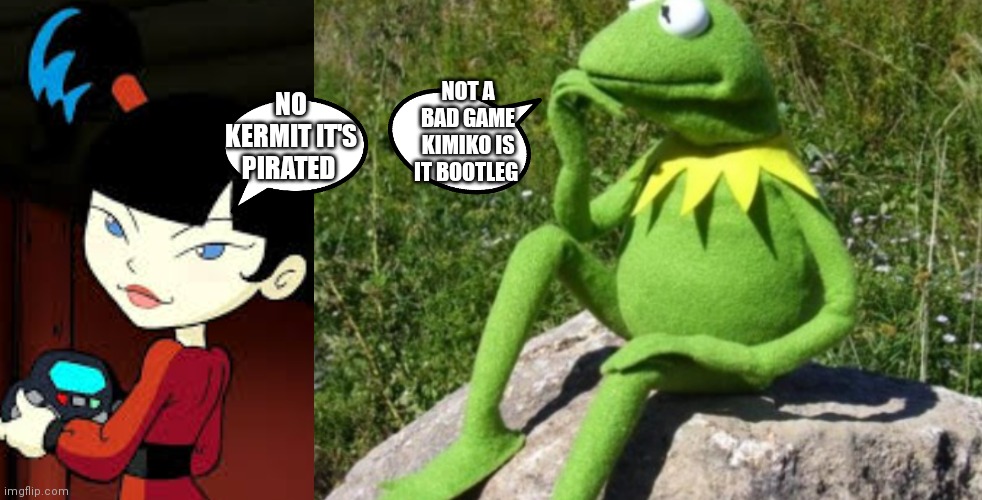Kermit and kimiko talking about games | NOT A BAD GAME KIMIKO IS IT BOOTLEG; NO KERMIT IT'S PIRATED | image tagged in some times i wonder,funny memes,cartoons,kermit the frog,kermit,kimiko | made w/ Imgflip meme maker