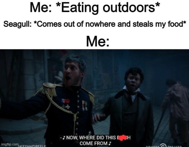 Thief :< | Me: *Eating outdoors*; Seagull: *Comes out of nowhere and steals my food*; Me: | image tagged in key and peele les miserable | made w/ Imgflip meme maker