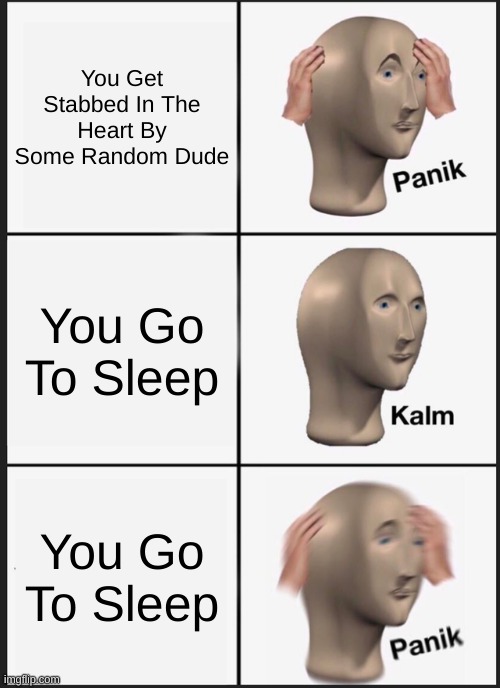 Heheh, lungs go bye bye | You Get Stabbed In The Heart By Some Random Dude; You Go To Sleep; You Go To Sleep | image tagged in memes,panik kalm panik | made w/ Imgflip meme maker
