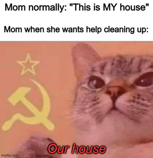 Accurate XD | Mom normally: "This is MY house"; Mom when she wants help cleaning up:; Our house | image tagged in communist cat | made w/ Imgflip meme maker