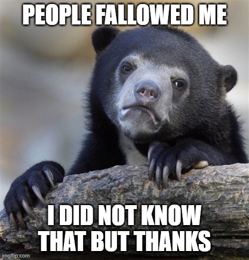 Confession Bear | PEOPLE FALLOWED ME; I DID NOT KNOW THAT BUT THANKS | image tagged in memes,confession bear | made w/ Imgflip meme maker