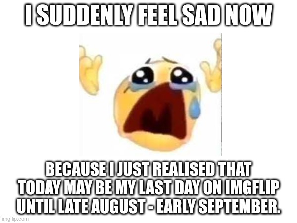 I SUDDENLY FEEL SAD NOW; BECAUSE I JUST REALISED THAT TODAY MAY BE MY LAST DAY ON IMGFLIP UNTIL LATE AUGUST - EARLY SEPTEMBER. | made w/ Imgflip meme maker