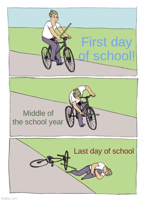 Bike Fall | First day of school! Middle of the school year; Last day of school | image tagged in memes,bike fall | made w/ Imgflip meme maker