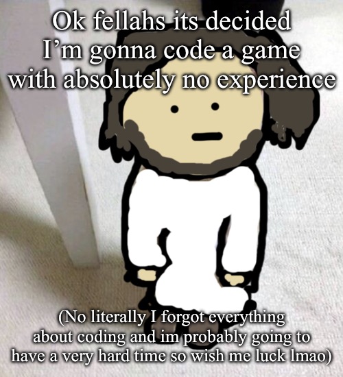 jsdeus | Ok fellahs its decided I’m gonna code a game with absolutely no experience; (No literally I forgot everything about coding and im probably going to have a very hard time so wish me luck lmao) | image tagged in jsdeus | made w/ Imgflip meme maker