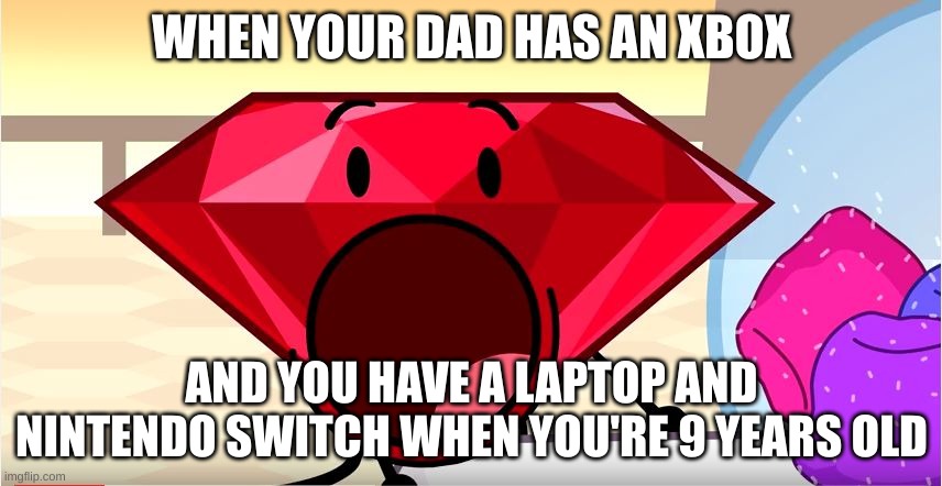 my life | WHEN YOUR DAD HAS AN XBOX; AND YOU HAVE A LAPTOP AND NINTENDO SWITCH WHEN YOU'RE 9 YEARS OLD | image tagged in bfdi ruby | made w/ Imgflip meme maker