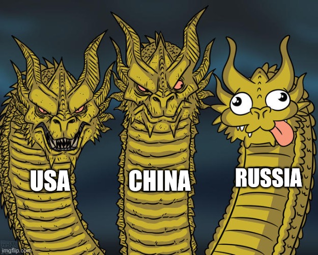 So much for a quick victory in Ukraine | RUSSIA; USA; CHINA | image tagged in three-headed dragon | made w/ Imgflip meme maker