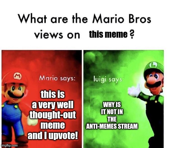Mario Bros Views | this is a very well thought-out meme and I upvote! WHY IS IT NOT IN THE ANTI-MEMES STREAM this meme | image tagged in mario bros views | made w/ Imgflip meme maker