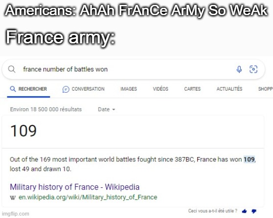 Why the hell are you guys stupid | Americans: AhAh FrAnCe ArMy So WeAk; France army: | image tagged in funny,true,so true memes,cry about it | made w/ Imgflip meme maker