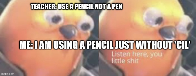 Listen here you little shit bird | TEACHER: USE A PENCIL NOT A PEN; ME: I AM USING A PENCIL JUST WITHOUT 'CIL' | image tagged in listen here you little shit bird | made w/ Imgflip meme maker