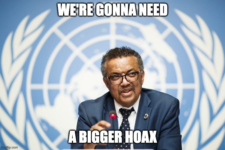 The next plandemic | WE'RE GONNA NEED; A BIGGER HOAX | image tagged in tedros,who,plandemic,rona hoax | made w/ Imgflip meme maker