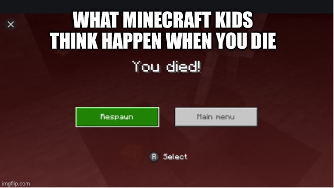 you died minecraft | WHAT MINECRAFT KIDS THINK HAPPEN WHEN YOU DIE | image tagged in you died minecraft | made w/ Imgflip meme maker