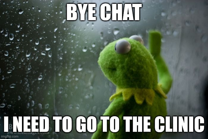 kermit window | BYE CHAT; I NEED TO GO TO THE CLINIC | image tagged in kermit window | made w/ Imgflip meme maker