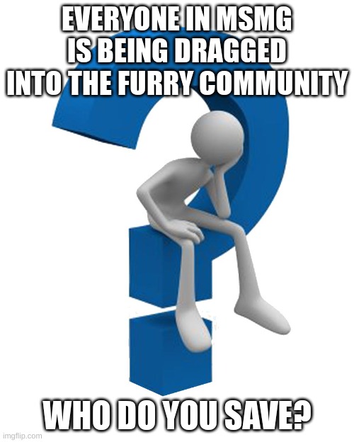 no, you can't choose yourself | EVERYONE IN MSMG IS BEING DRAGGED INTO THE FURRY COMMUNITY; WHO DO YOU SAVE? | image tagged in question mark | made w/ Imgflip meme maker