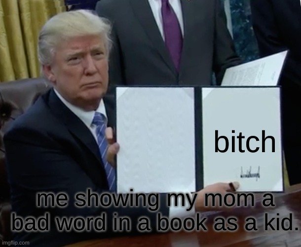 Trump Bill Signing | bitch; me showing my mom a bad word in a book as a kid. | image tagged in memes,trump bill signing,funny memes | made w/ Imgflip meme maker