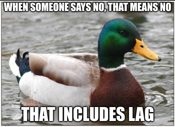 LAG IS THE ROOT OF ALL PROBLEMS | WHEN SOMEONE SAYS NO, THAT MEANS NO; THAT INCLUDES LAG | image tagged in memes,actual advice mallard | made w/ Imgflip meme maker