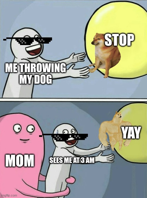 Running Away Balloon Meme | STOP; ME THROWING MY DOG; YAY; MOM; SEES ME AT 3 AM | image tagged in memes,running away balloon | made w/ Imgflip meme maker