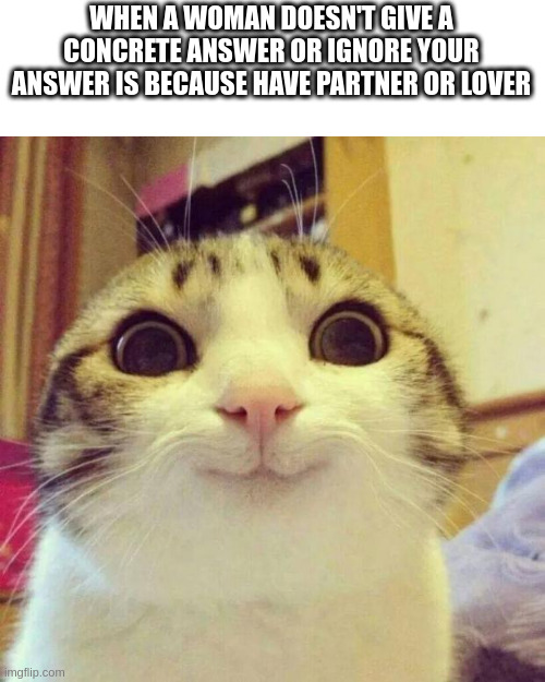 answer | WHEN A WOMAN DOESN'T GIVE A CONCRETE ANSWER OR IGNORE YOUR ANSWER IS BECAUSE HAVE PARTNER OR LOVER | image tagged in memes,smiling cat | made w/ Imgflip meme maker