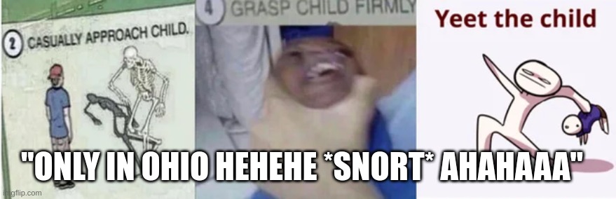 Casually Approach Child, Grasp Child Firmly, Yeet the Child | "ONLY IN OHIO HEHEHE *SNORT* AHAHAAA" | image tagged in casually approach child grasp child firmly yeet the child | made w/ Imgflip meme maker