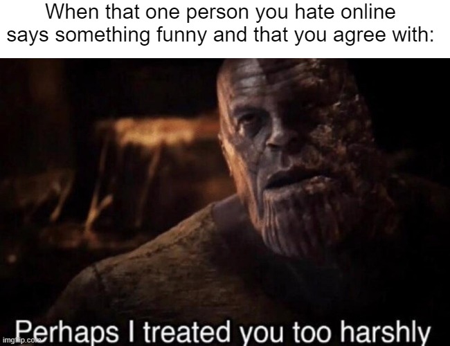 I can relate to this on quite a few levels. | When that one person you hate online says something funny and that you agree with: | image tagged in perhaps i treated you too harshly,memes,funny,relatable,online,front page | made w/ Imgflip meme maker