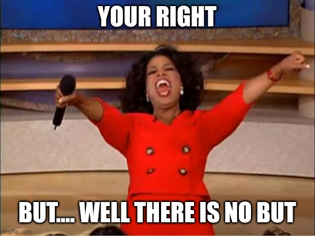 Oprah You Get A Meme | YOUR RIGHT BUT.... WELL THERE IS NO BUT | image tagged in memes,oprah you get a | made w/ Imgflip meme maker
