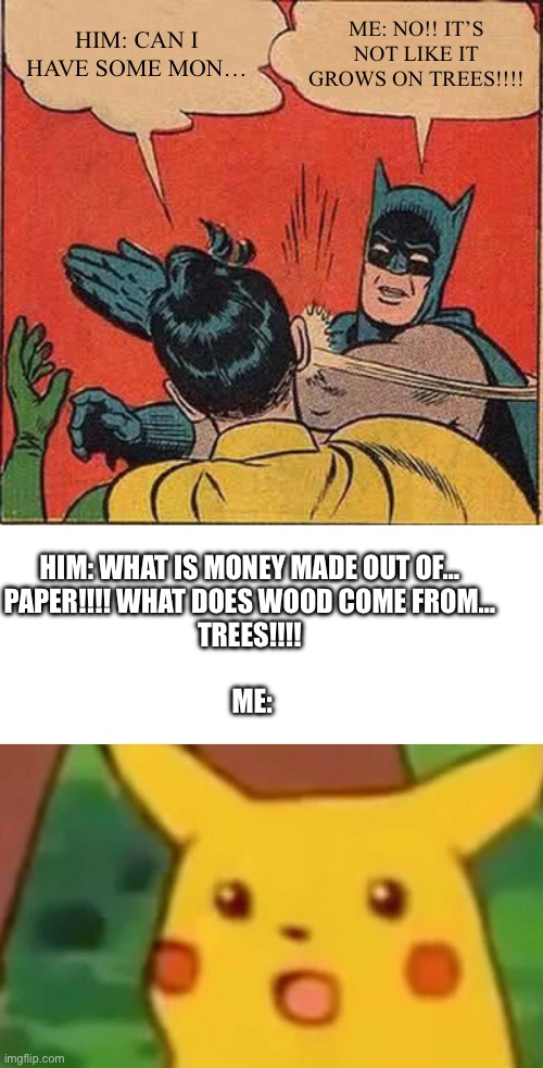 What… WHAT!!!! | HIM: CAN I HAVE SOME MON…; ME: NO!! IT’S NOT LIKE IT GROWS ON TREES!!!! HIM: WHAT IS MONEY MADE OUT OF…
PAPER!!!! WHAT DOES WOOD COME FROM…
TREES!!!!
 
 ME: | image tagged in memes,batman slapping robin,surprised pikachu | made w/ Imgflip meme maker