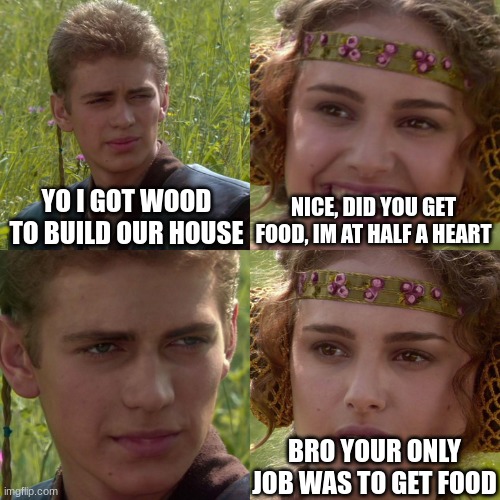 Anakin Padme 4 Panel | YO I GOT WOOD TO BUILD OUR HOUSE; NICE, DID YOU GET FOOD, IM AT HALF A HEART; BRO YOUR ONLY JOB WAS TO GET FOOD | image tagged in anakin padme 4 panel | made w/ Imgflip meme maker