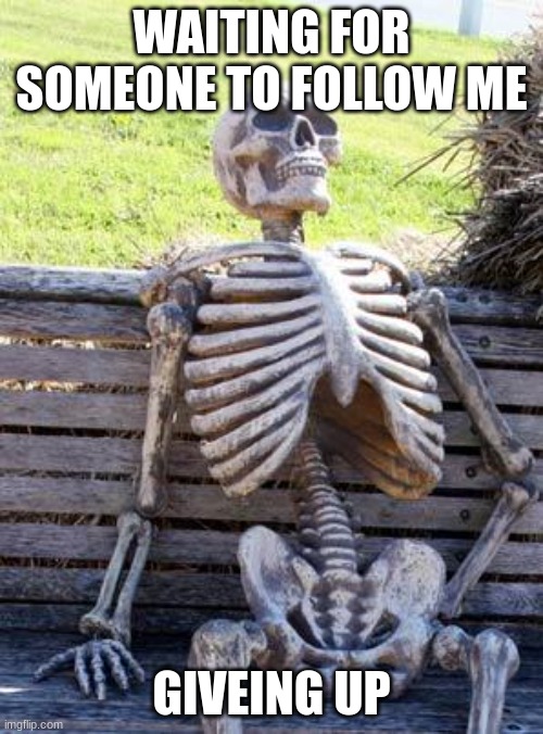 Waiting Skeleton Meme | WAITING FOR SOMEONE TO FOLLOW ME; GIVING UP | image tagged in memes,waiting skeleton | made w/ Imgflip meme maker