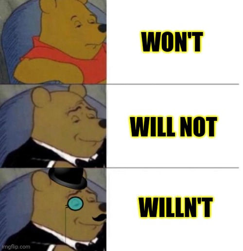 Tuxedo Winnie the Pooh (3 panel) | WON'T; WILL NOT; WILLN'T | image tagged in tuxedo winnie the pooh 3 panel,funny memes,cheeseman_,im bout to go down to taco bell and order me a baja blast | made w/ Imgflip meme maker