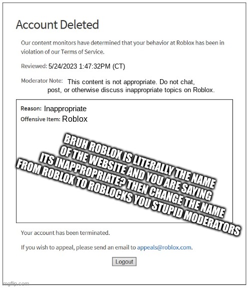 A Roblox account deletion for a stupid reason - Imgflip