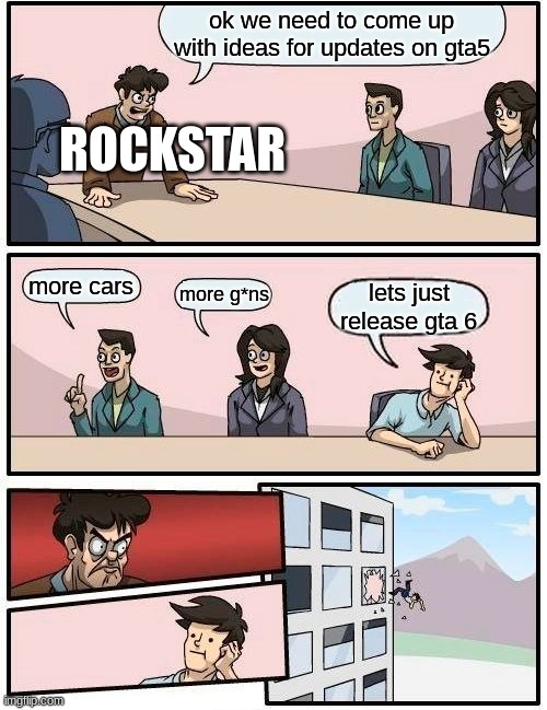 JUST HAVE IT COME OUT ALREADY | ok we need to come up with ideas for updates on gta5; ROCKSTAR; more cars; more g*ns; lets just release gta 6 | image tagged in memes,boardroom meeting suggestion | made w/ Imgflip meme maker