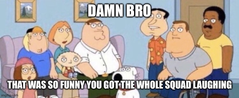 Damn bro you got the whole squad laughing | DAMN BRO THAT WAS SO FUNNY YOU GOT THE WHOLE SQUAD LAUGHING | image tagged in damn bro you got the whole squad laughing | made w/ Imgflip meme maker