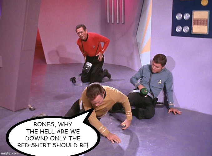 Why Us??? | BONES, WHY THE HELL ARE WE DOWN? ONLY THE RED SHIRT SHOULD BE! | image tagged in star trek kirk bones and redshirt down 4 | made w/ Imgflip meme maker