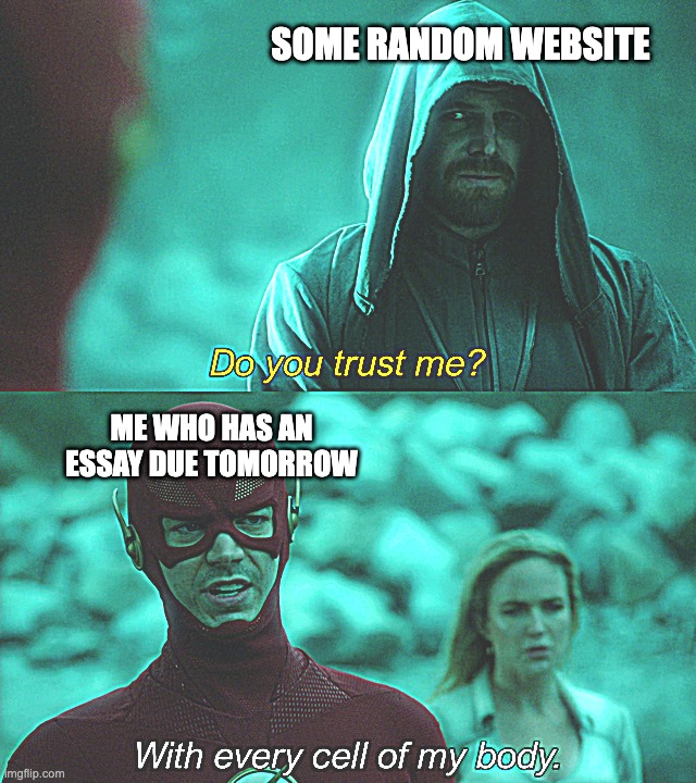 Do you trust me? | SOME RANDOM WEBSITE; ME WHO HAS AN ESSAY DUE TOMORROW | image tagged in do you trust me | made w/ Imgflip meme maker