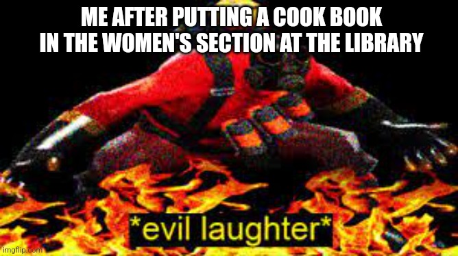 Meet the criminal | ME AFTER PUTTING A COOK BOOK IN THE WOMEN'S SECTION AT THE LIBRARY | image tagged in evil laughter | made w/ Imgflip meme maker